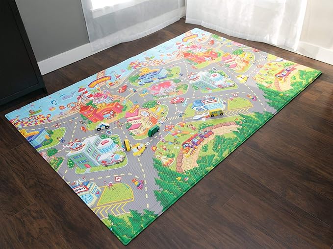 Baby Care Play Mat (Large, Playful - Zoo Town) 82'' x 55'' Original One-Piece Reversible Rollable Waterproof Play Mat for Infants, Babies, Toddler, and Kids