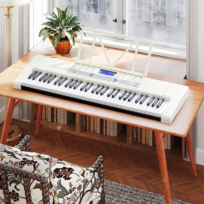 61 Key Piano Keyboard, Electric Keyboard Piano with Light-Up Keys, 255 Tones/Rhythms, Smart Learning System, Headphone, Microphone, Keyboard Stand, Stool, Stickers, Piano Keyboard Set for Beginners