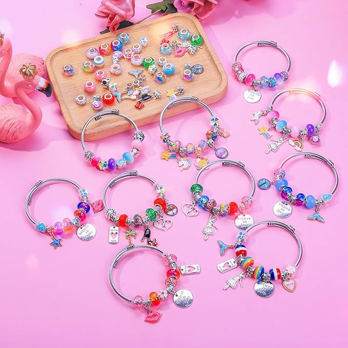 AIPRIDY 208 Pieces Charm Bracelet Making Kit,Unicorn Mermaid Crafts Gifts Set Can Inspires Imagination and Creativity,Jewelry Making Kit Perfect Gifts for Girls 5-12 Years Old (Pink+Aqua Unicorn)