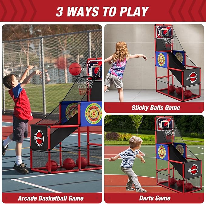 Basketball Arcade Game Indoor Outdoor, Kids Basketball Hoop with 4 Balls & Pump, Single Shot Basketball Game at Home, Carnival Games Sport Toys Gifts for Boys Girls Teens