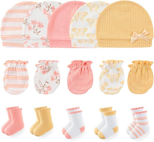 Newborn Baby Boy Girl Caps Mittens Socks Set Cotton Baby Essentials Accessories (Hats+Gloves+Socks)