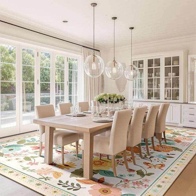 Floral 6x9 Area Rug Machine Washable Soft Print Boho Carpet Non Slip Doormat Low Pile Flower Area Rugs for Living Room Bedroom Nursery Kitchen Dining Room Indoor-Beige/White/Orange