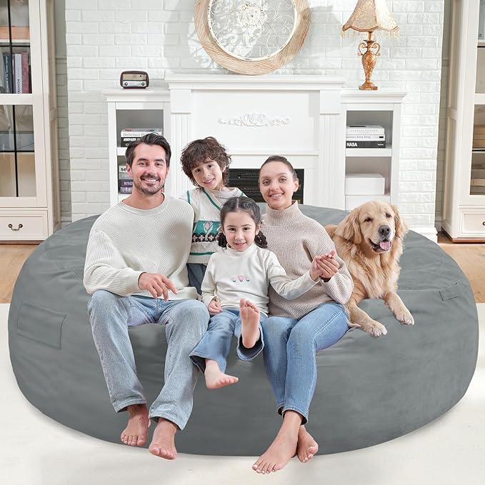 7FT Bean Bag Chair, Large Bean Bag Chairs with Memory Foam Filled, Fluffy Beanbag Sofa with Dutch Velvet Cover, Round BeanBag Chairs for Living Room, Playroom - Light Grey