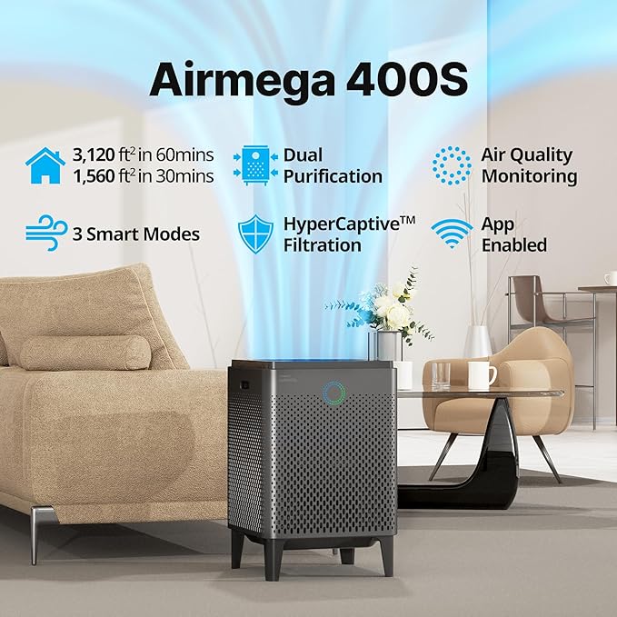 Coway Airmega 400S(G) App-Enabled Smart Technology Compatible with Amazon Alexa True HEPA Air Purifier, Covers 1,560 sq. ft, Graphite