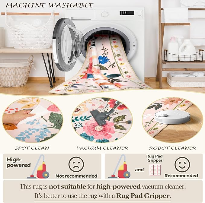 Floral 8x10 Area Rug Machine Washable Soft Print Boho Carpet Non Slip Doormat Low Pile Flower Area Rugs for Living Room Bedroom Nursery Kitchen Dining Room Indoor-Pink