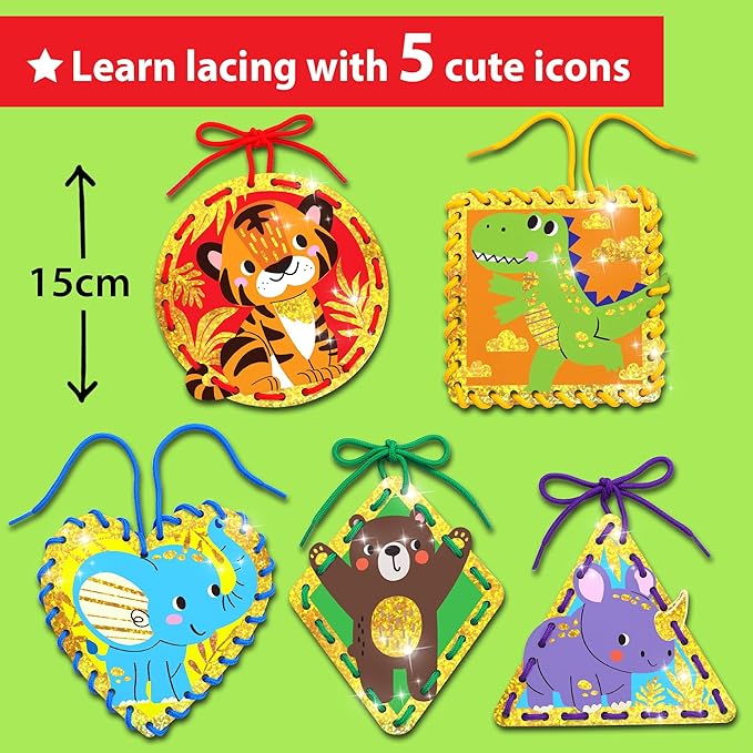 EZCRA Premium Foil Edge Lacing Cards for Kids Ages 3-6 | 10 Double-Sided Animal and Space Sewing Cards with Multilingual Learning | Durable Cardboard Fine Motor Skills Activity Kit