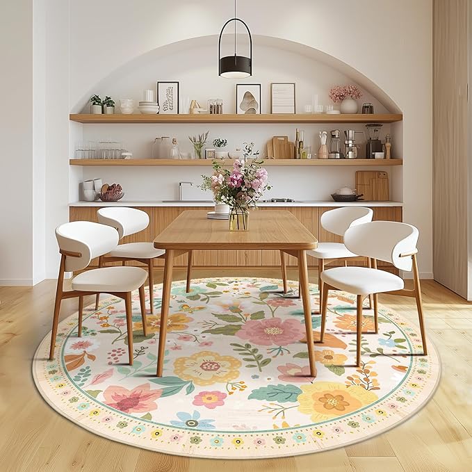 Floral 4ft Area Rug Machine Washable Soft Print Boho Carpet Non Slip Doormat Low Pile Flower Area Rugs for Living Room Bedroom Nursery Kitchen Dining Room Indoor-Beige/White/Orange