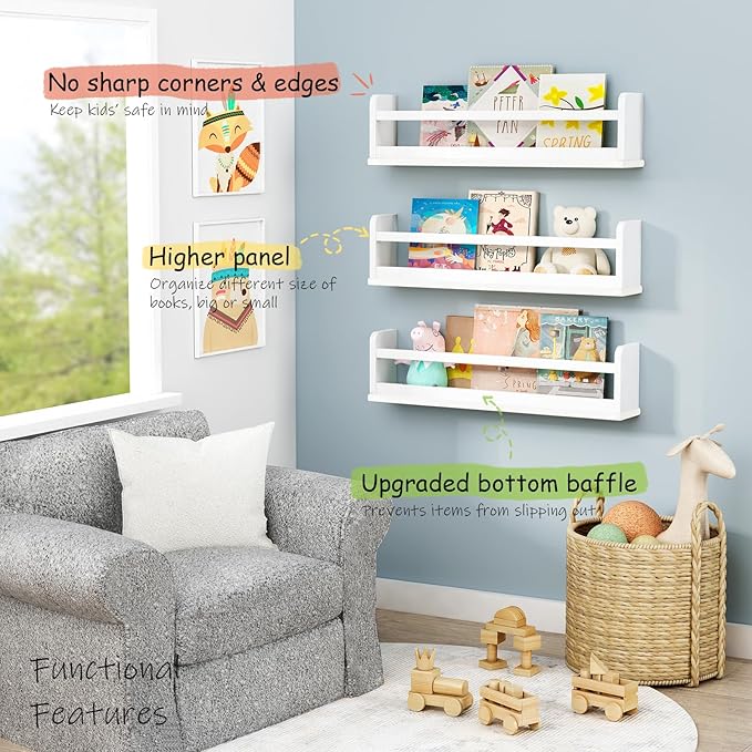 24 Inch White Wall Bookshelf for Kids Room, Floating Nursery Book Shelves Wall Mounted with Lip and Hanging Rod for Baby Girl Boy Bedroom, Large Corner Hanging Children Bookshelves -Set of 3