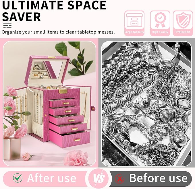 AKOZLIN 6-Tier Jewelry Box Lockable Leather Jewelry Storage Case with 5 Drawers for Women Girls Ring Necklace Earring Bracelet Holder Organizer with Mirror Rose
