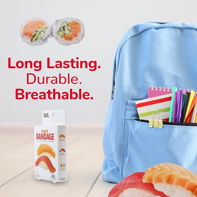 BioSwiss Bandages, Sushi Shaped Self Adhesive Bandage, Latex Free Sterile Wound Care, Fun First Aid Kit Supplies for Kids and Adults, 24 Count