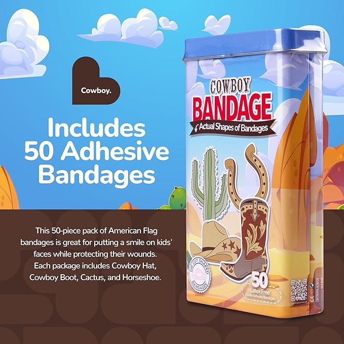 BioSwiss Bandages, Cowboy Shaped Self Adhesive Bandage, Latex Free Wound Care, Fun First Aid Kit Supplies for Kids and Adults, 50 Count