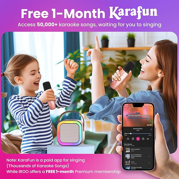 IROO Mini Karaoke Machine for Kids, 2025 TOP Toys Birthday Gifts Ideas for Girls Ages 4, 5, 6, 7, 8, 9, 10, 12+ Years Old, Portable MP3 Player with 2 Wireless Mics for Party