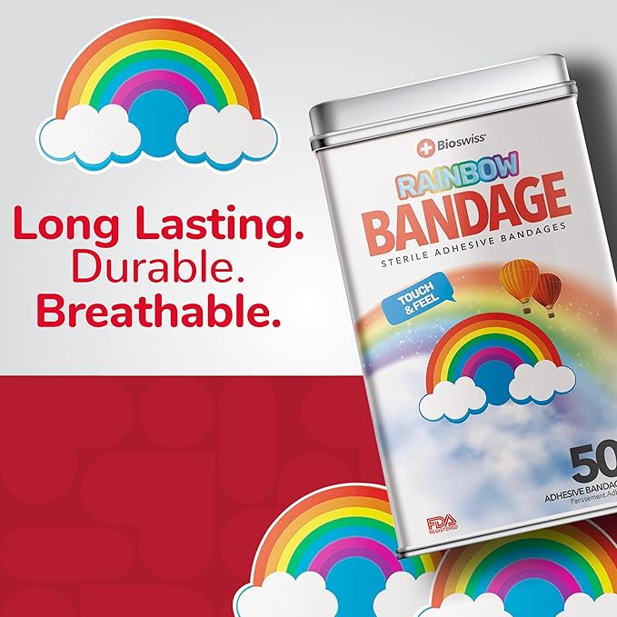 BioSwiss Bandages, Rainbow Shaped Self Adhesive Bandage, Latex Free Sterile Wound Care, Fun First Aid Kit Supplies for Kids, 50 Count