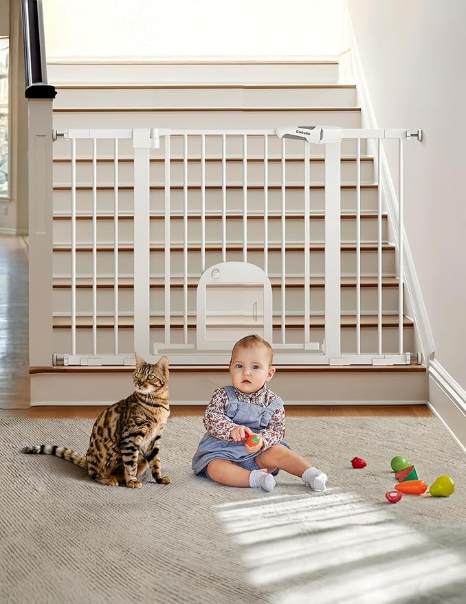 Babelio 29-48" Extra Wide Baby Gate with Adjustable Cat Door,Easy Install Pressure/Hardware Mounted,Auto Close Pet door for Stairs,House,Doorways,Effortless Walk Thru,White