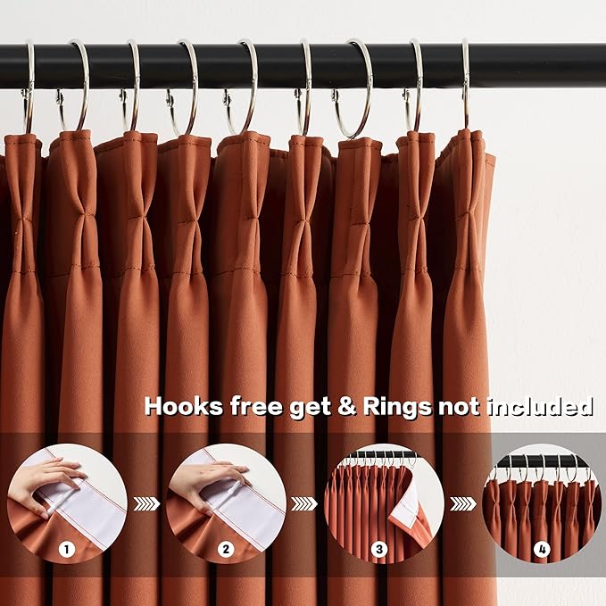 KEQIAOSUOCAI 90 Inch Burnt Orange Pleated Curtains for Living Room 2 Panels Set Fall Bohemian Decor Boho Copper Window Drapes for French Door Living Room Pinch Pleat with Hooks,W40 x L90