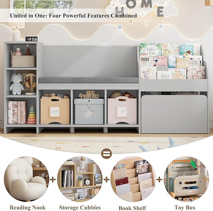 HOSTACK 67" Kids Reading Nook with Bench, Kids Bookshelf and Bookcase with Seat Cushion and 6 Storage Cubbies, Toy Storage Box on Wheels, Toy Chest for Playroom, Bedroom, School, Grey