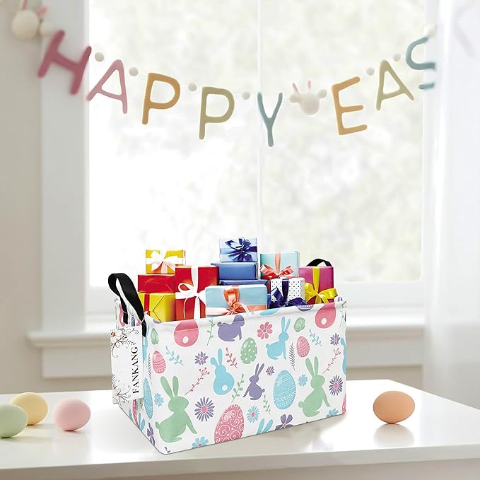 FANKANG Storage Bins, Nursery Hamper Canvas Laundry Basket Foldable with Waterproof PE Coating Large Storage Baskets for Kids Boys and Girls, Office, Bedroom, Clothes,Toys(Rec-Easter egg）