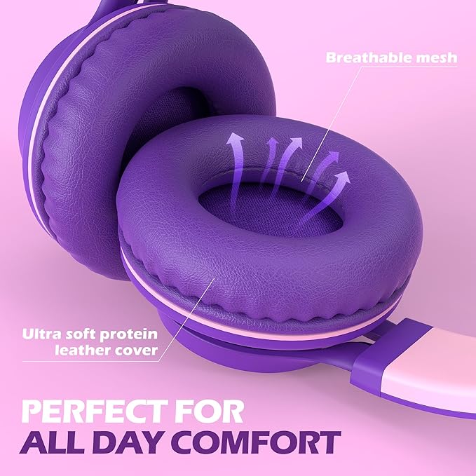 AILIHEN C8 Girls Headphones, On-Ear Headphones Wired with Microphone and Volume Control Foldable Corded Stereo 3.5mm Headset for Girls School Chromebook Laptop Computer PC Tablets Travel (Purple Pink)