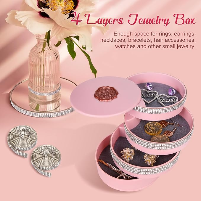 CONBOLA Jewelry Holder Organizer, Christmas Gifts Ideas for Women, Small Jewelry Storage Box Earring Holder, 5-Layer Rotating Jewelry Storage Tray with Lid for Bracelets Rings Bracelets