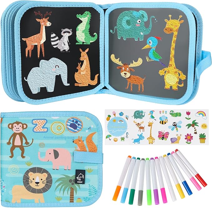 Erasable Doodle Set for Kids - Reusable Magic Drawing Book with 12 Watercolor Pens 14 Page Drawing, Road Trip Car Game Writing Painting Set for Boys and Girls (Zoo)