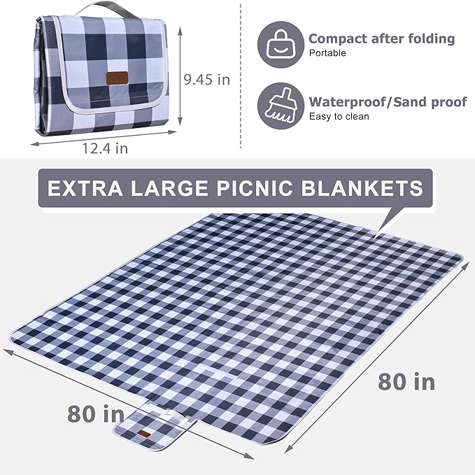80"x80" Extra Large Waterproof Outdoor Mat - Sandproof Foldable Picnic Blanket for Family Camping, Backyard, Beach Parties - Heavy Duty & Easy Storage (Gray&White)