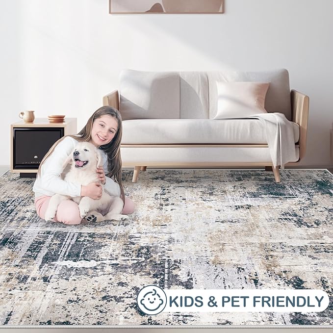 Area Rugs 5x7 Living Room: Washable Rug Modern Abstract Rugs Soft Non Slip Neutral Rug Stain Resistant Indoor Carpet for Bedroom Kitchen Dining Room Nursery Home Office Rugs(Black Brown,5'x7')