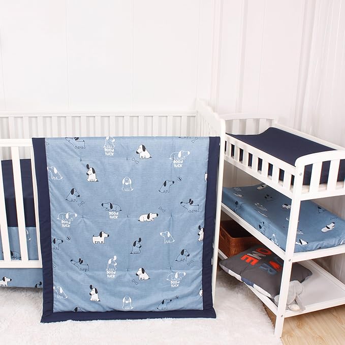 CaSaJa 4-Piece Crib Bedding Set for Boys and Girls, Nursery Baby Bedding Set Including Quilted Comforter with Fitted Crib Sheet and Changing Pad Covers, Reversible Quilt Design, Good Luck Puppy