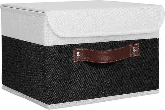 ANMINY Storage Boxes with Lids Washable Decorative Storage Bins Basket with PU Leather Handle Foldable Linen Fabric Storage Cubes Containers for Home Closet Organizer - Black White, Small Size