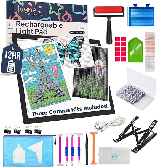 iVyne Rechargeable A4 Light Pad for Diamond Painting & Art Projects – LED Light Board with Diamond Art Accessories – Ultra-Thin & Portable Diamond Dot Light Board, Perfect for Artists - Black