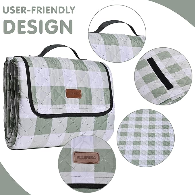 Extra Large Picnic Blanket 80''x 60'' Picnic Mat Waterproof Sand Proof Foldable for Beach, 5-Layer Outdoor Blanket for 6 to 8 Adults,Camping Lawn Hiking Travel Park Music Festival Wedding Mats(Green)