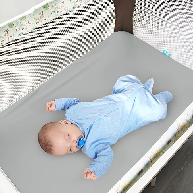 4-Pack Fitted Pack and Play Sheets for Boys and Girls - Breathable, Soft Microfiber Baby Sheets in Grey and Navy