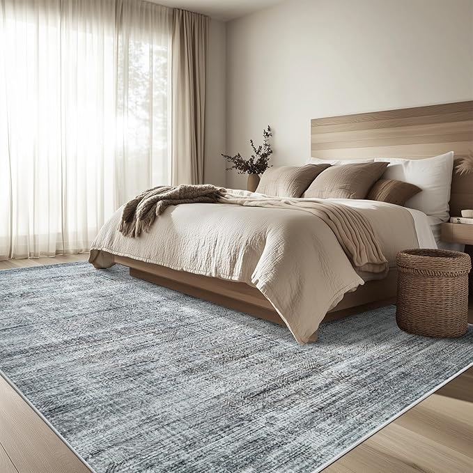 9x12 Area Rug Living Room Rugs - Washable Rug Large Modern Abstract Soft Thin Carpets Indoor Floor No Slip Vintage Carpet for Bedroom Under Dining Table Nursery Home Office Decor Gray Blue