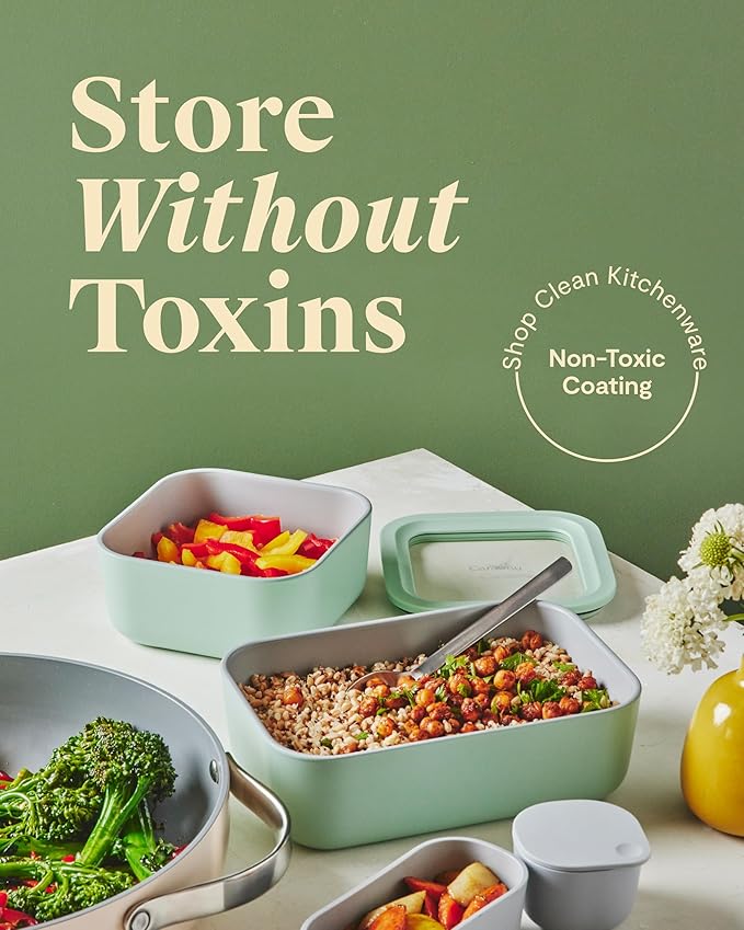 Caraway Glass Food Storage - 6.6 Cup Glass Container - Ceramic Coated Food Container - Non Toxic, Non Stick Lunch Box Container with Glass Lids - Dishwasher, Oven, & Microwave Safe - Mist