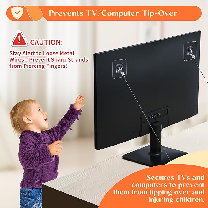 4 Pack 40" TV Safety Stainless Steel Straps Adjustable, Adhesive Anti-Tip Furniture Anchor for Flat Screen, TV and Furniture Safety Straps for Baby Proofing