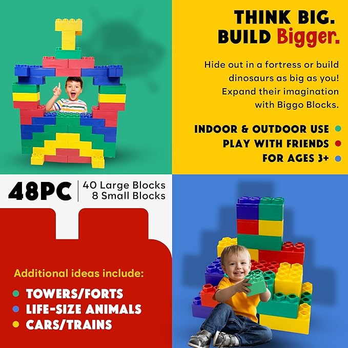 Big Blocks for Kids Ages 4-8 — Indoor & Outdoor Blocks for Kids Games — Large Building Blocks (48 pc) Learner Set