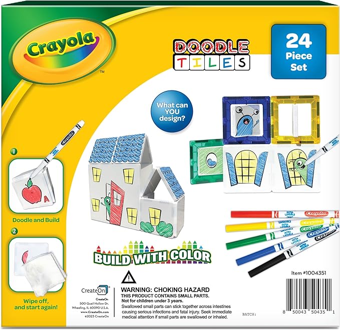 CreateOn Crayola Doodle Magnetic Tiles Building Set for Kids, Magnetic Kids’ Building Toys, STEM & Montessori Arts & Creativity Toys for Boys and Girls Ages 3+, 24-Piece Set