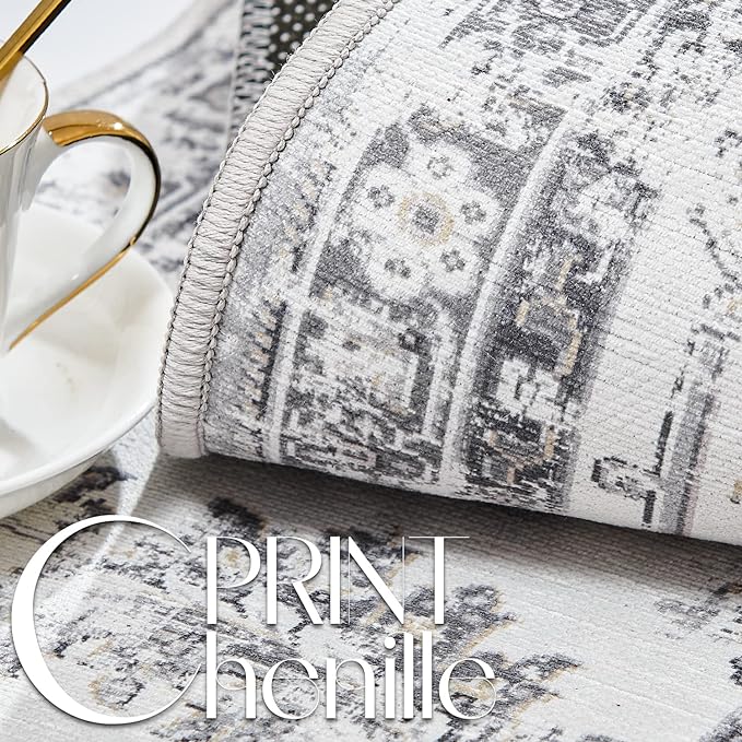 jinchan Hallway Runner Rug 3x10 Machine Washable Runner Rug Grey Vintage Floral Design Non-Slip Low Pile Ultra-Thin for Kitchen Laundry Room Bedroom Farmhouse (3‘x10',Grey)