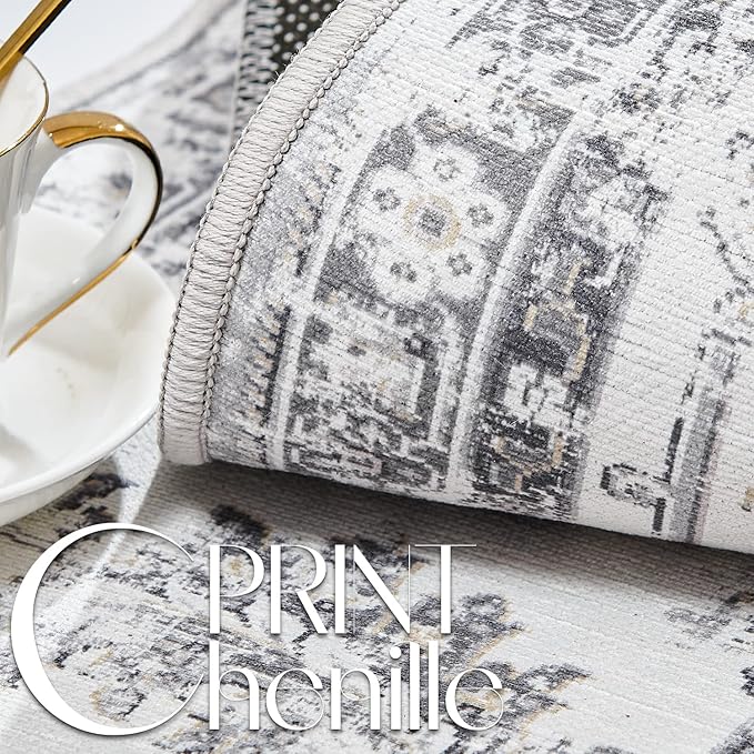 jinchan Long Hallway Runner Rug 2x12 Machine Washable Runner Rug Grey Vintage Floral Design Non-Slip Ultra-Thin for Kitchen Laundry Room Bedroom Farmhouse (2‘x12',Grey)