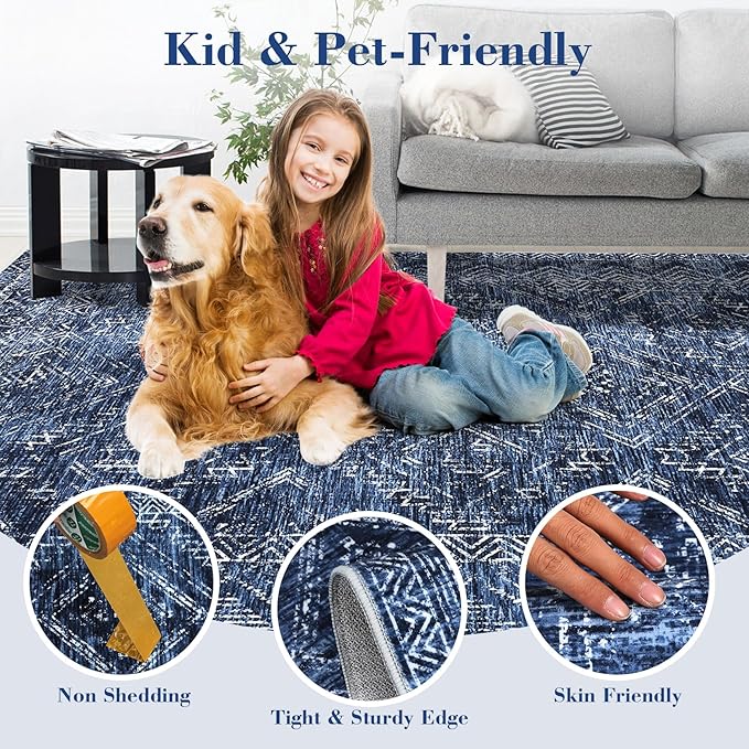 COZYLOOM 6x9 Washable Area Rug Vintage Non Slip Low Pile Rug Soft Throw Floor Cover Geometric Tribal Foldable Indoor Carpet for Living Room Bedroom Playroom Nursery, Blue