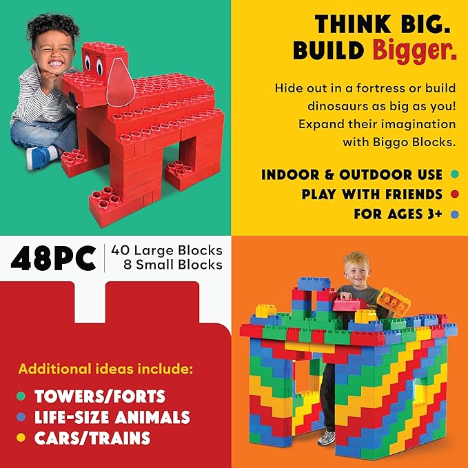 Big Blocks for Kids Ages 4-8 — Indoor & Outdoor Blocks Kids Games — Red Large Building Blocks - 48 pc