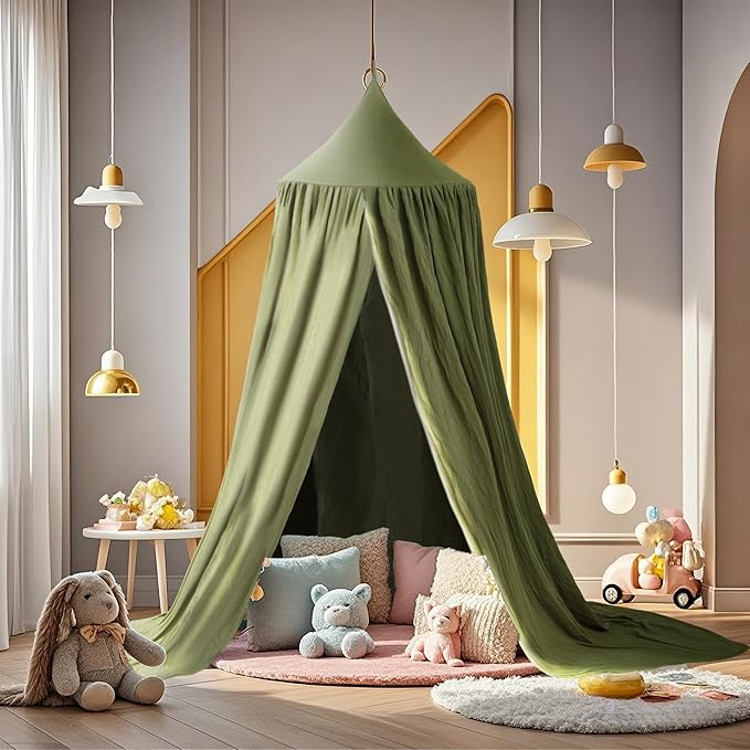Cotton Kids Bed Canopy, Nursery Room Baby Crib Hanging Curtain Mosquito Net Hideaway Bedding Children Reading Nook Decoration, Pastel Neutral Color for Boys & Girls (Beige)