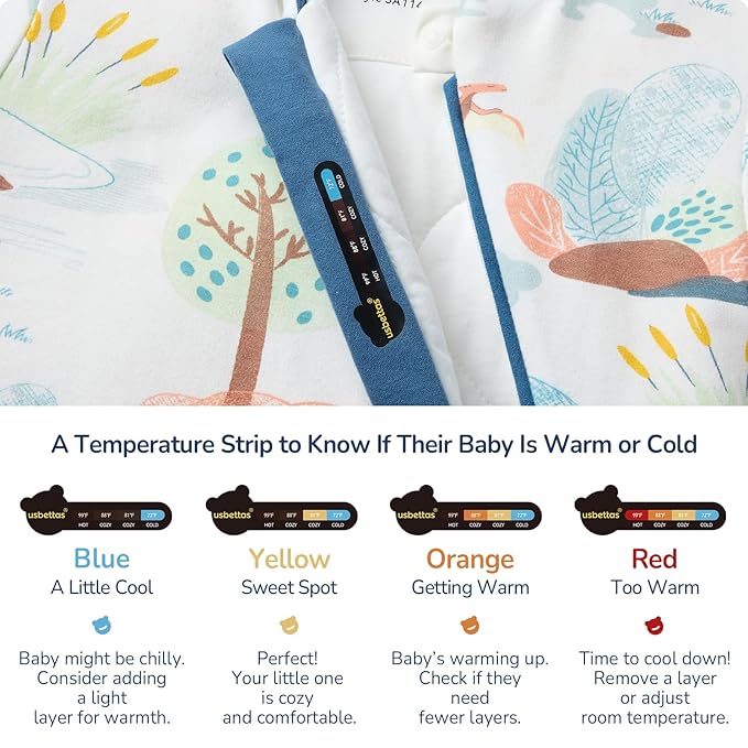 Baby Sleep Sack 12-18 Months, Cotton Detachable Long Sleeve Sleep Sack, 1.0 Tog Toddler Sleeping Sack with Temperature Strips, 2-Way Zipper Wearable Blankets for Newborns, Dinosaur