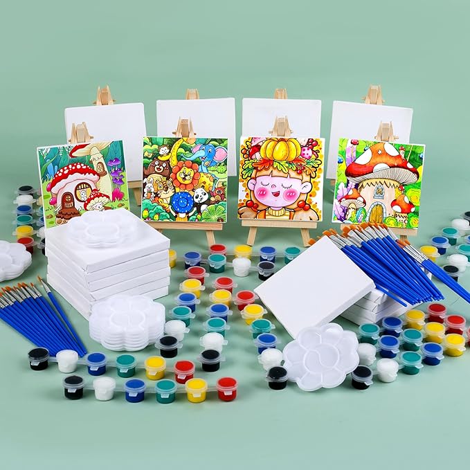 ESRICH 20 Set Mini Canvas Painting Kit, Minis Acrylic Paint Set, Valentines Day Gifts,4*4in Stretched Canvas with Easel, Acrylic Paints,Brushes,Palette,Mini Easel Canvas for Kids Adults Painting Party