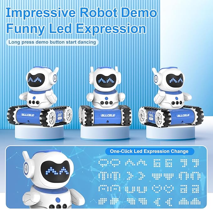 ALLCELE LED RC Robot Toys for Boys and Girls with Walkie Talkie, Programming, Music, Demo and LED Function, Remote Control Robot Toy, Gift for Kids 3-8 Years Old Blue White