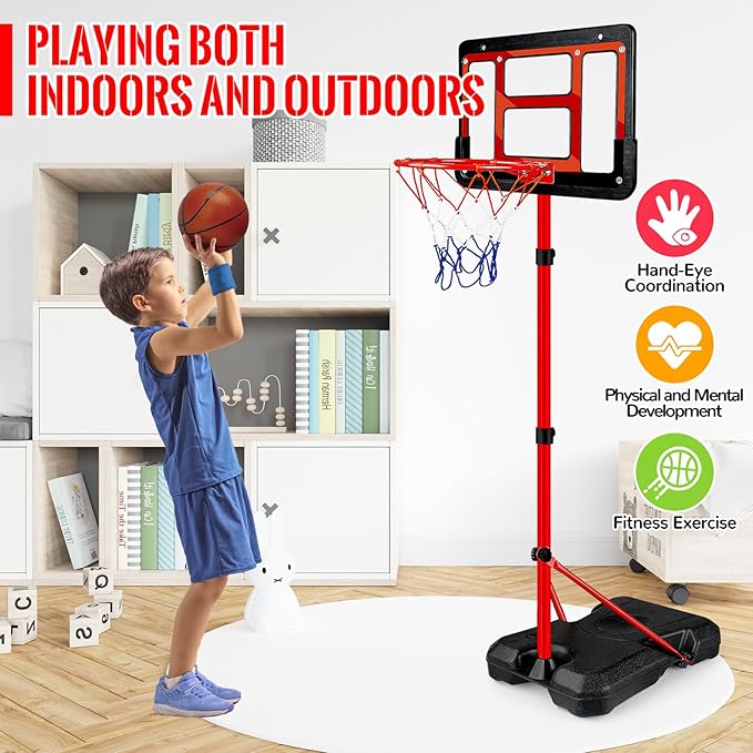 Kids Basketball Hoop with Stand, Adjustable Basketball Set, Toddler Basketball Toys for Boys Age 3 4 5 6 7 8, Indoor Outdoor Backyard Sport Game Gifts