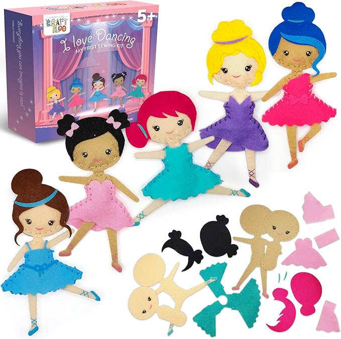 CRAFTILOO Ballerina Dancers Sewing Kit for Kids, Fun and Educational Craft Set for Boys and Girls Age 5-12, Sew Your Own Felt Ballerina Craft Kit for Beginners (Ballerina Kit)