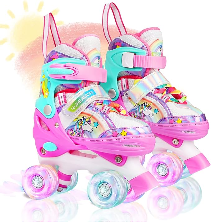 4-Pejiijar Rainbow Unicorn Kids Roller Skates for Girls Toddler Ages 2-4 5-8 8-12,Adjustable Roller Shoes with Luminous Wheels for Birthday Xmas Gifts