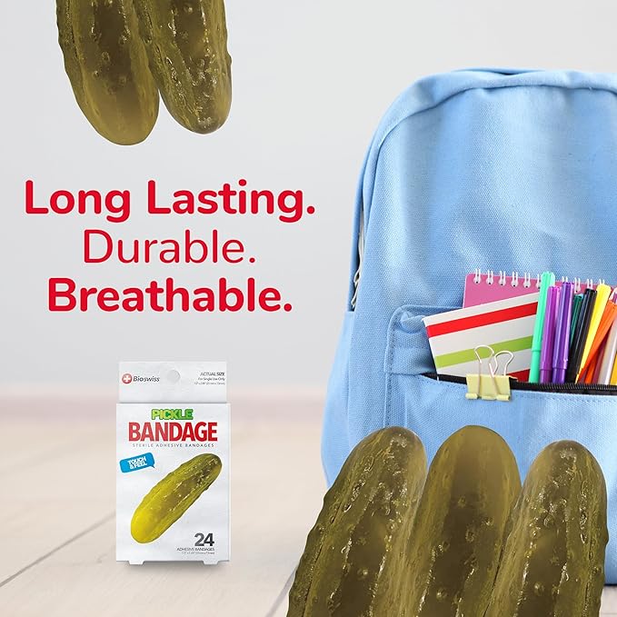 BioSwiss Bandages, Pickle Shaped Self Adhesive Bandage, Latex Free Sterile Wound Care, Fun First Aid Kit Supplies for Kids, 24 Count