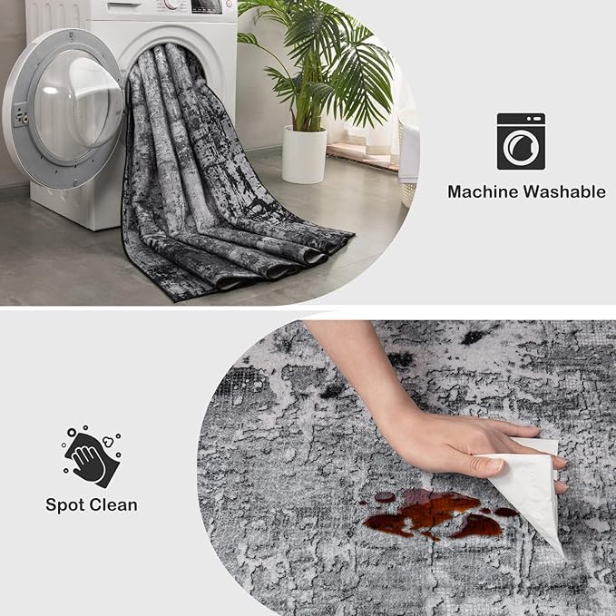 Area Rug Living Room Rug, 5x7 Modern Abstract Washable Rug Black Non Slip Foldable Faux Wool Vintage Carpet, Fluffy Non-Shedding Rugs for Living Room, Bedroom, Dining Room, Kids Playroom