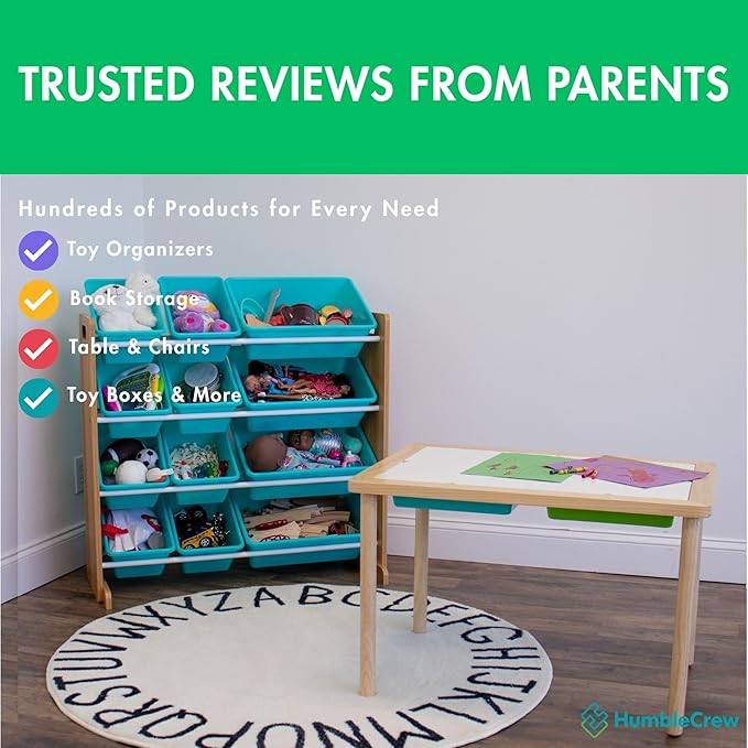 Humble Crew Kids Toy Storage Organizer with 12 Plastic Bins, Natural Wood/Aqua – Removable Bins for Playroom, Bedroom, Toddler Furniture for Boys and Girls Ages
